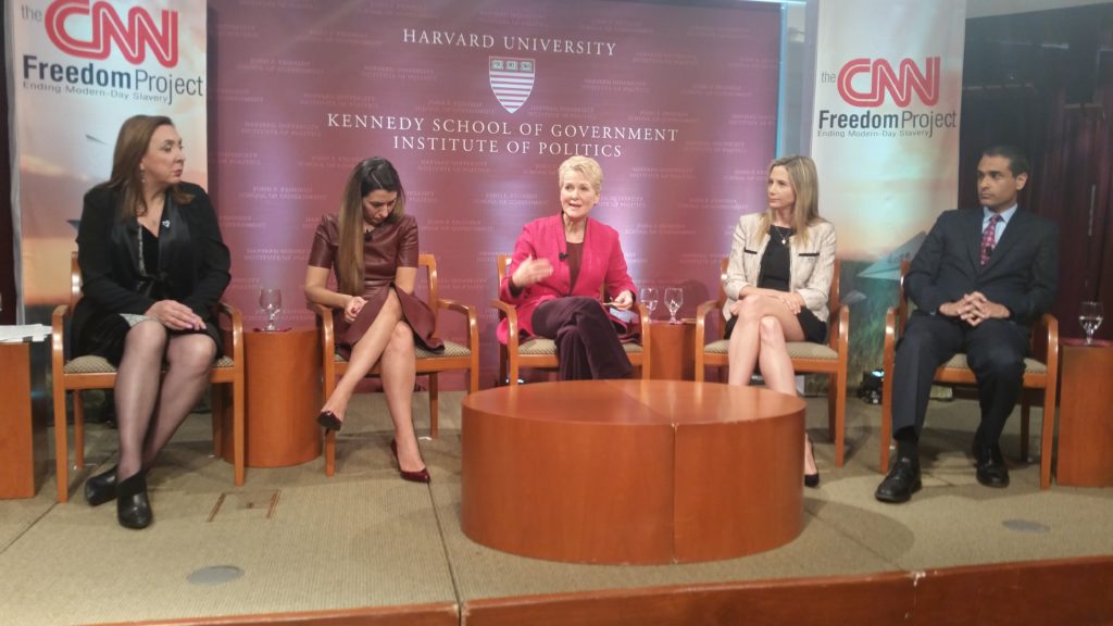 Experts discuss ways to eliminate human trafficking at the Fight for Freedom Forum. (L to R: Rosi Orozco, Rachel Lloyd, Swanee Hunt, Mira Sorvino, Siddharth Kara). Photo Jim Smith