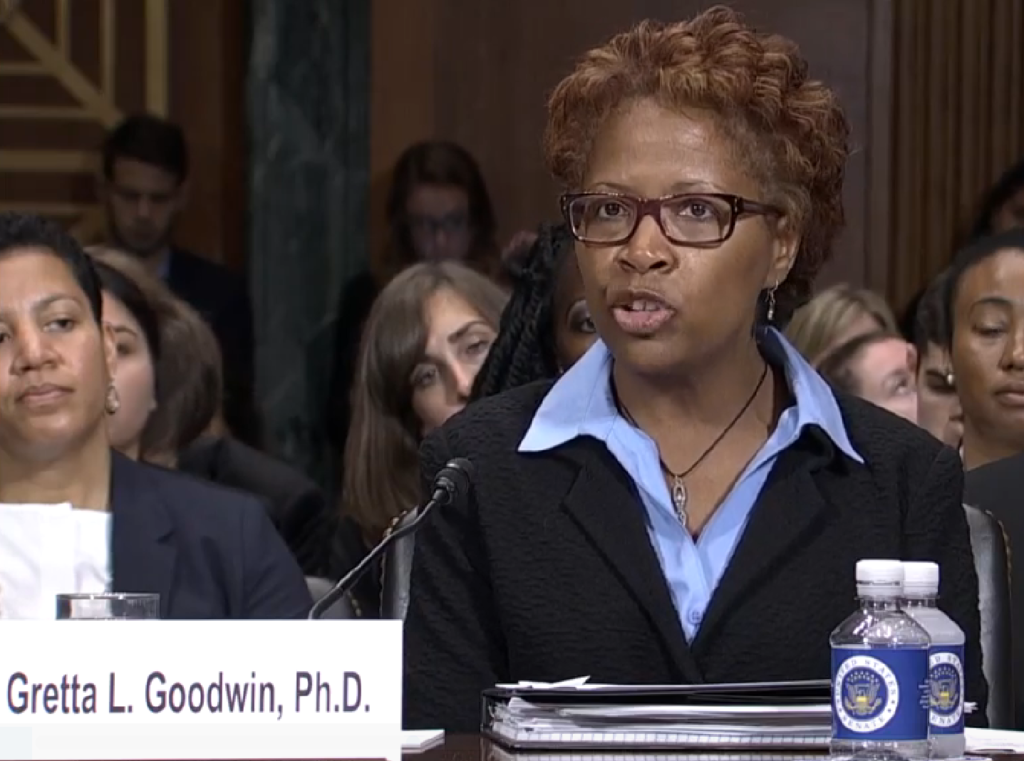 Gretta L. Goodwin, Ph.D., Acting Director for Justice and Law Enforcement Issues Homeland speaks at the Senate Judiciary Committee hearing on the JVTA